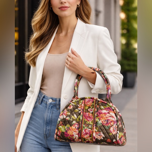 Vera Bradley Handbags - VERA BRADLEY Large Bowler Kisslock Satchel Mod Floral Pink Brown-Retired Pattern